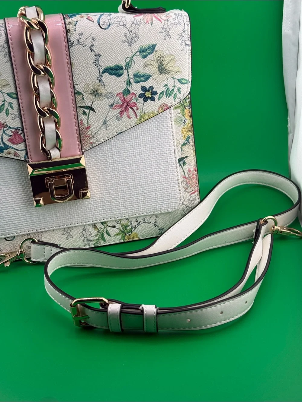 ALDO Floral Satchel Crossbody Bag White Pink Gold Chain